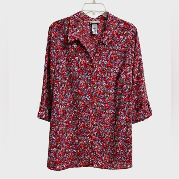 Catherines Button Up Floral Top Women's Size 0X 3/4 Sleeve Red Artsy Boho Office - Picture 1 of 13